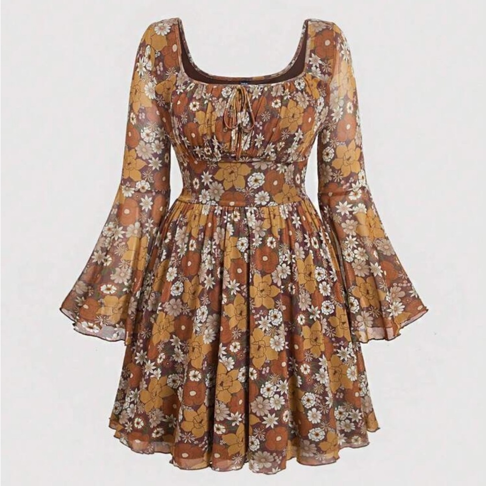 SHEIN Floral Long Sleeve Dress in Brown and Yellow